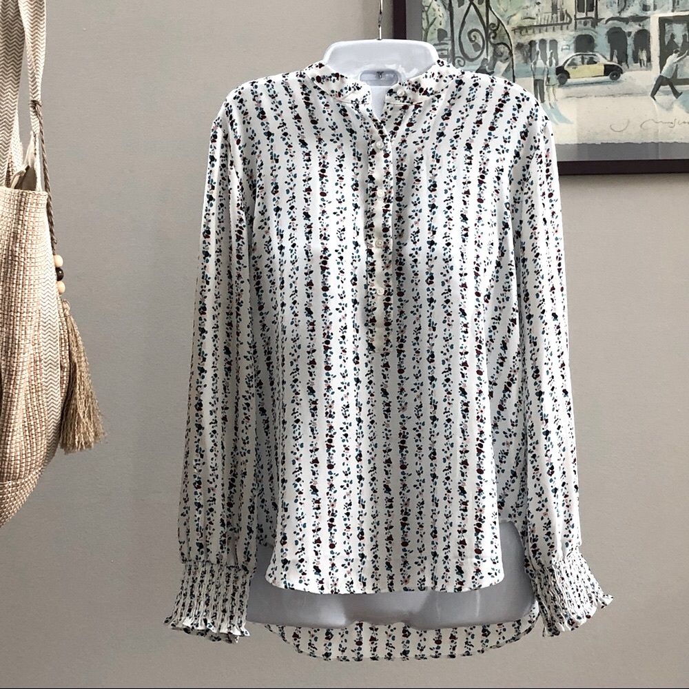 NWOT Loft ruched long sleeves button white and floral down blouse sz MP